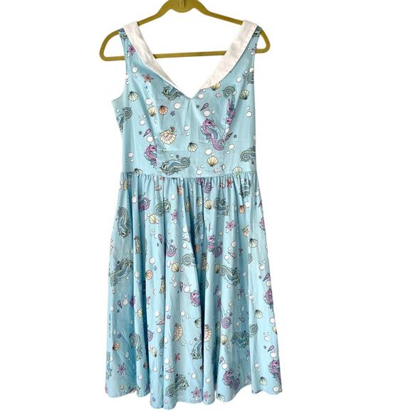 Hell Bunny Pinup Retro Sea Horse Blue Bow Dress size medium - Picture 2 of 9